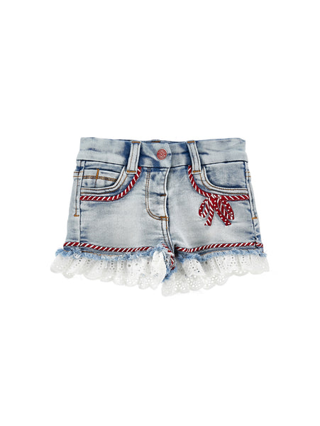 Short in denim con pizzo sangallo per bambina