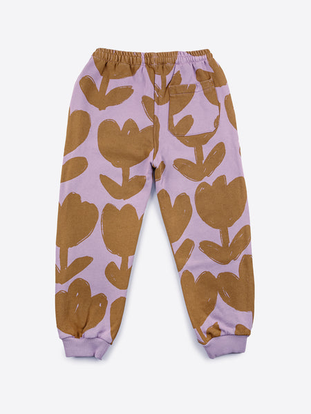 Pantalone in felpa lavanda con stampa fiori all over per neonata e bambina