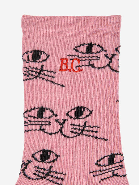 Calzino rosa con stampa gatto all over per bambini