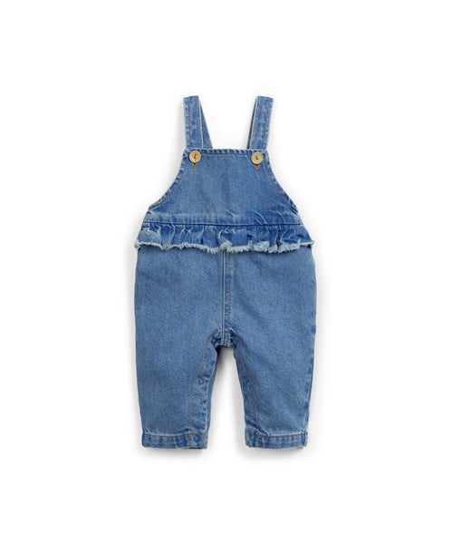 Salopette in denim blu con volant per neonata