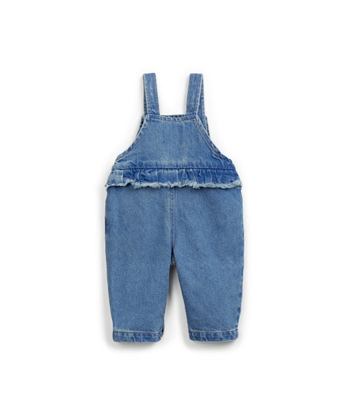 Salopette in denim blu con volant per neonata