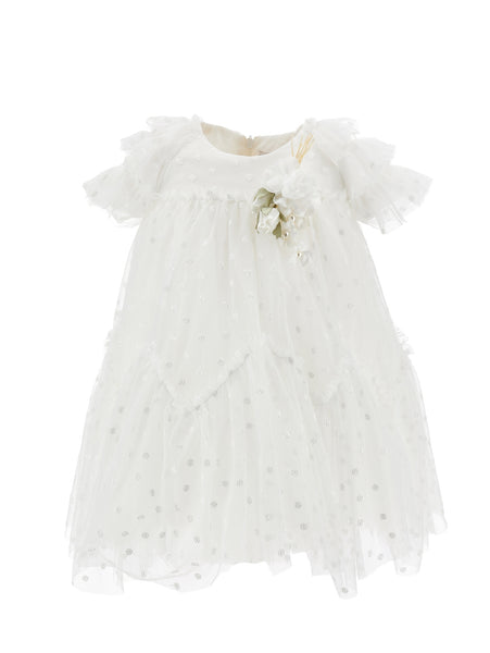 Abito panna con tulle e ricami per neonata