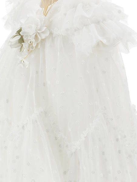Abito panna con tulle e ricami per neonata