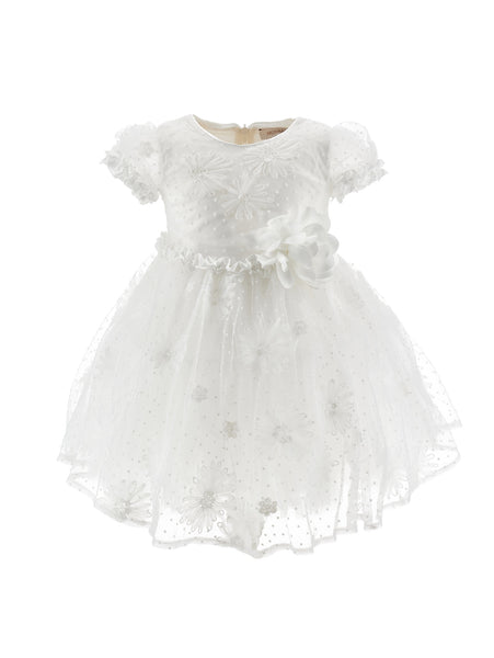 Abito panna con tulle e ricami per neonata