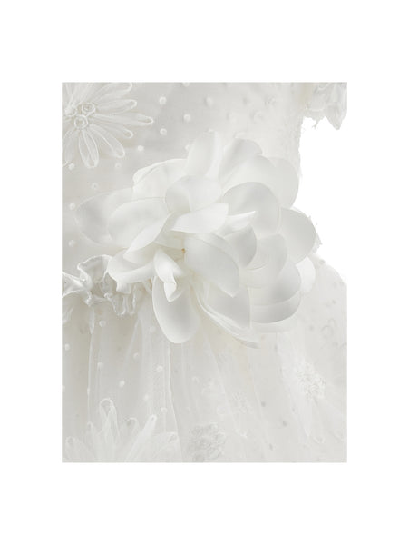 Abito panna con tulle e ricami per neonata
