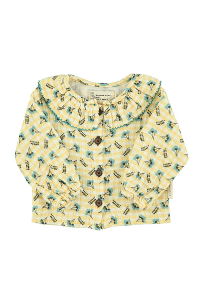 Camicia a quadri gialli con stampa fiori all over per neoanata