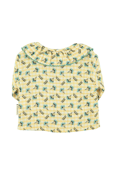 Camicia a quadri gialli con stampa fiori all over per neoanata