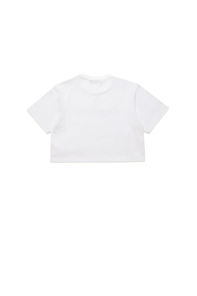 T-shirt cropped bianca con logo per bambina