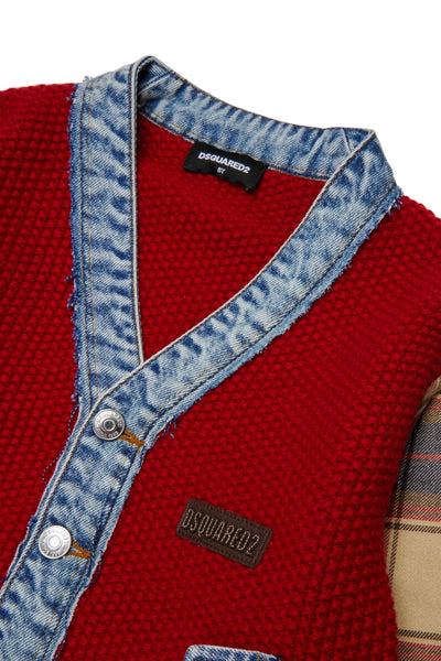 Cardigan rosso lavorato a maglia con dettagli in denim per bambino Dsquared2 DQ3407 DQ452 