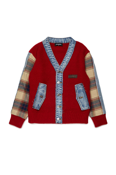 Cardigan rosso lavorato a maglia con dettagli in denim per bambino Dsquared2 DQ3407 DQ452 