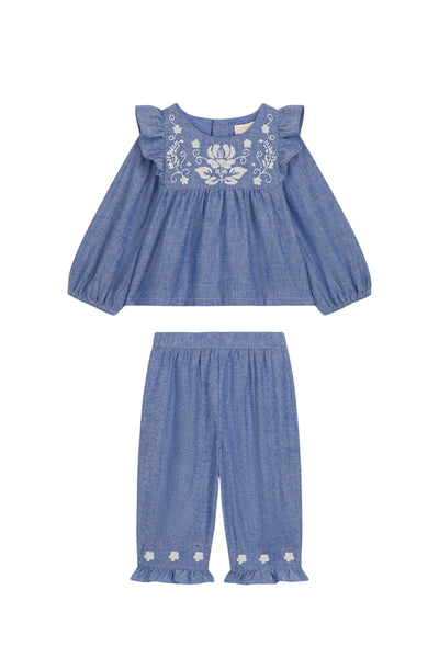 Completo blusa + pantalone azzurro con ricami per neonata LOUISE MISHA B0131 LIGHT BLUE 