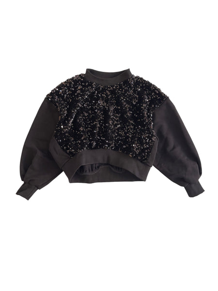 Felpa nera crop con paillettes all over per bambina LULU' LL4706 NERO 