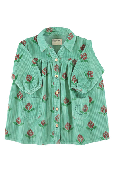 Abito in velluto a costine verde con stampa all over per neonata e bambina Piupiuchick AW26.MN2603 FLOWERS 