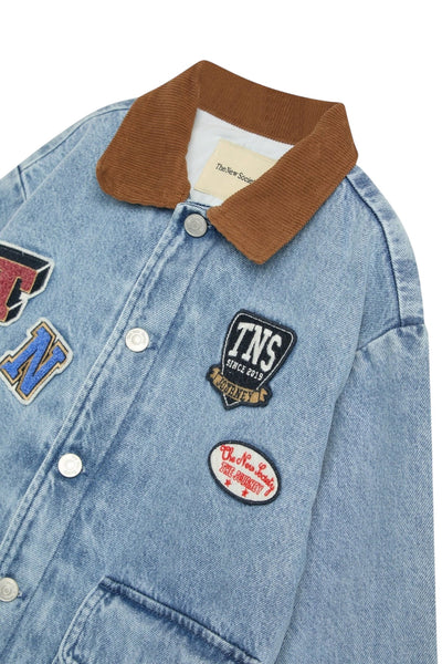 Giubbino in denim con patch per bambini The New Society RIDGE JACKET MID BLUE 