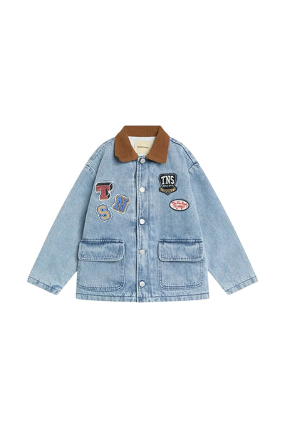Giubbino in denim con patch per bambini The New Society RIDGE JACKET MID BLUE 