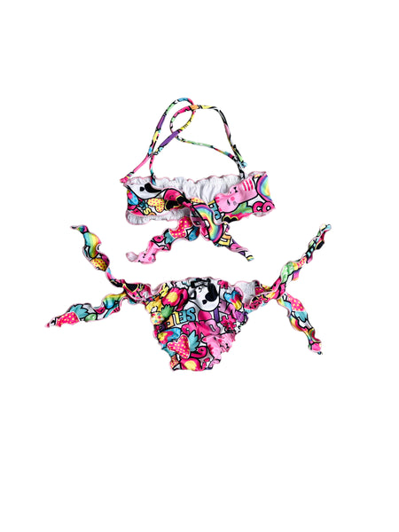 Bikini con stampa multicolor all over per neonata e bambina