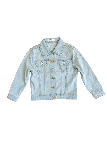 Giubbino in denim chiaro con perle per bambina