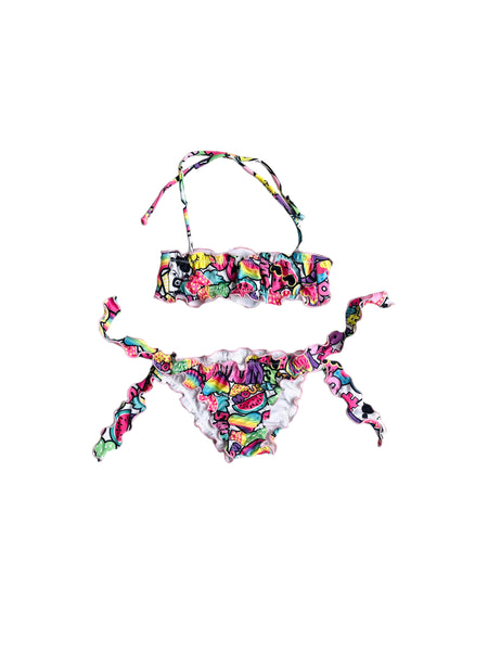 Bikini con stampa multicolor all over per neonata e bambina