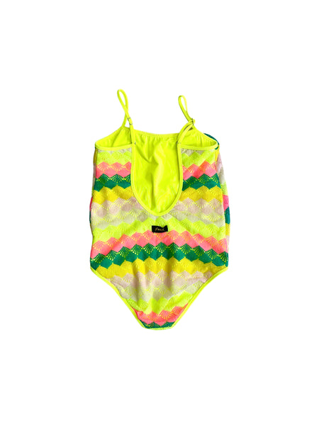 Costume intero giallo fluo con tessuto crochet multicolr per bambina