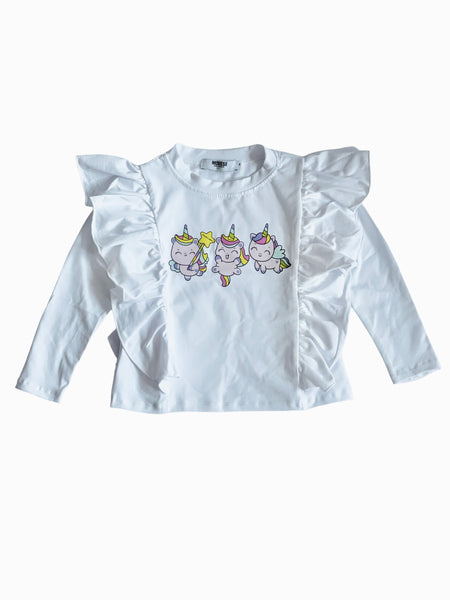 T-shirt bianca con ruches e stampa Unicorn Crew per neonata e bambina