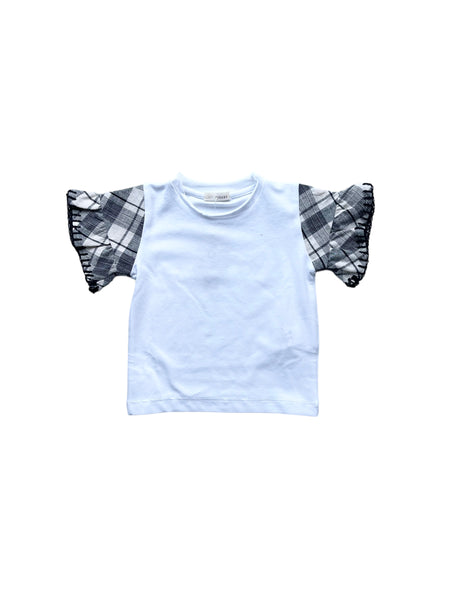T-shirt bianca con maniche tartan ecrù e nero per neonata