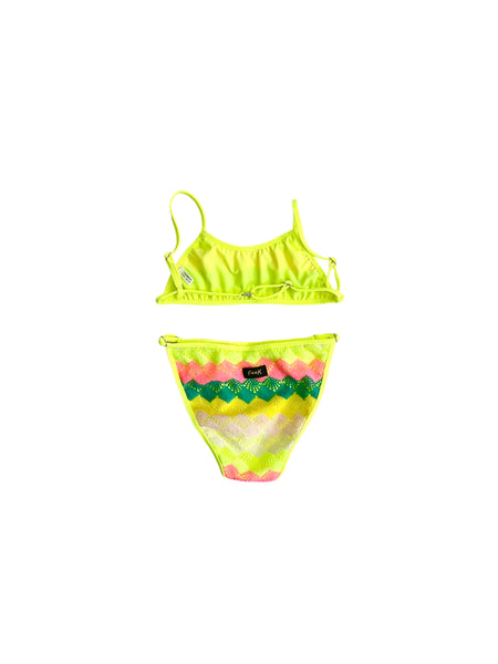 Bikini giallo fluo con tessuto crochet multicolor per bambina