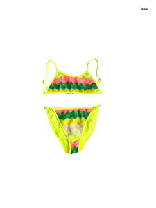 Bikini giallo fluo con tessuto crochet multicolor per bambina