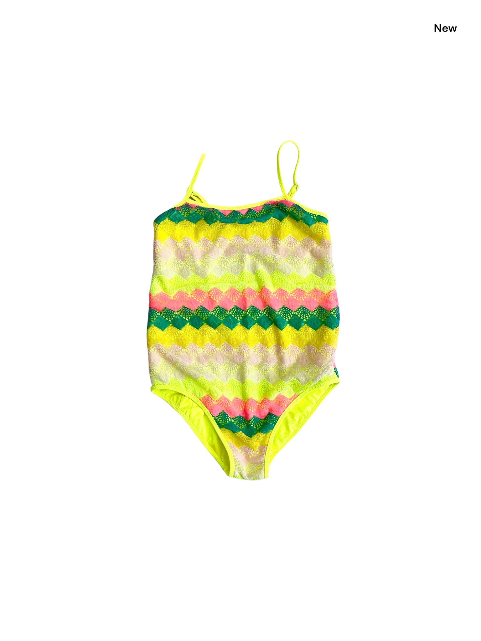 Costume intero giallo fluo con tessuto crochet multicolr per bambina