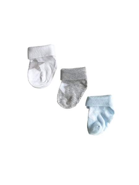 Set 3 paia di calzini bianchi grigi e azzurri con stella per neonati