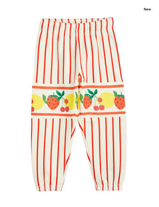 Pantalone in felpa a righe rosse con stampa frutta per neonati e bambini