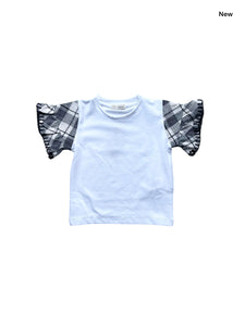 T-shirt bianca con maniche tartan ecrù e nero per neonata