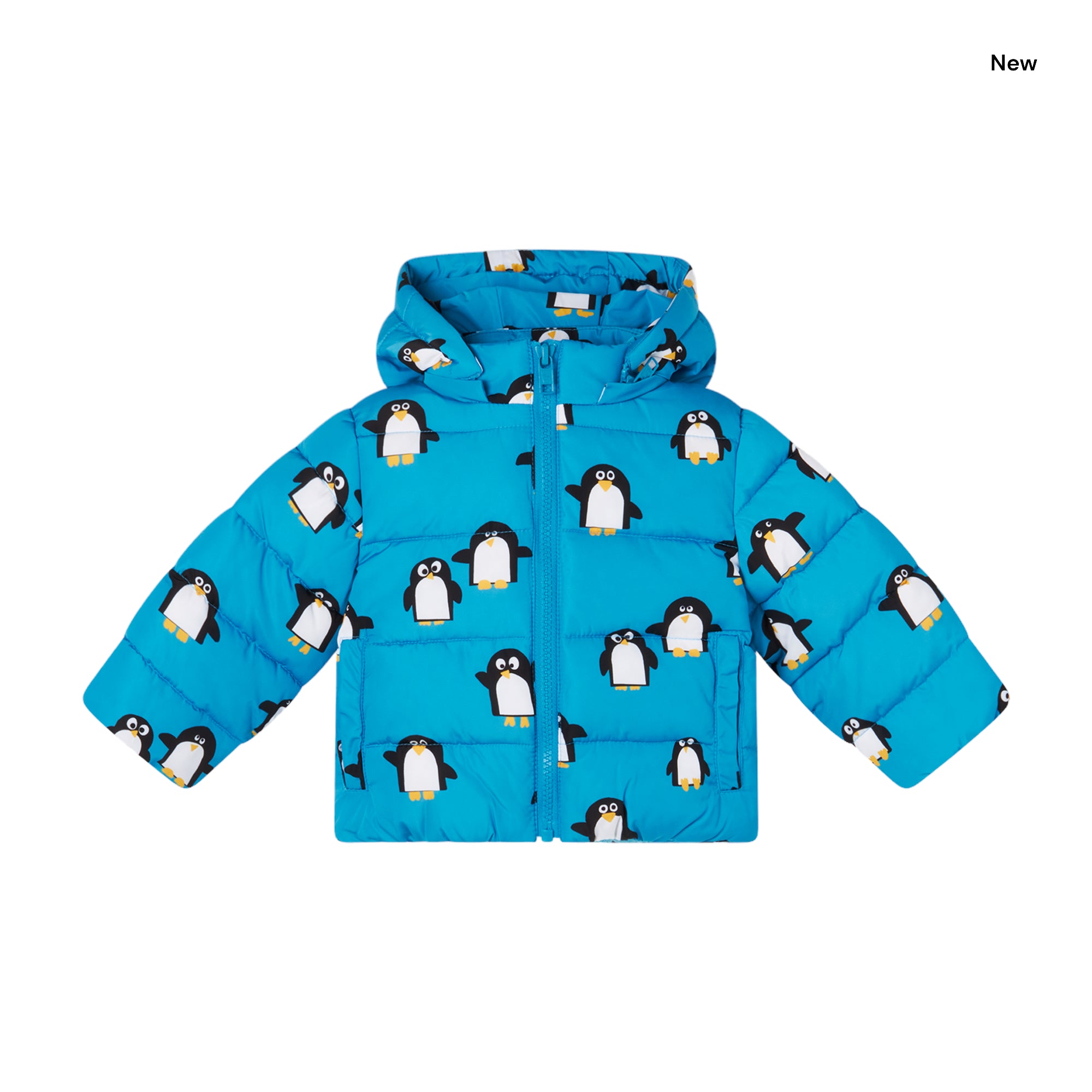 Piumino con cappuccio azzurro con stampa pinguino all over per neonato