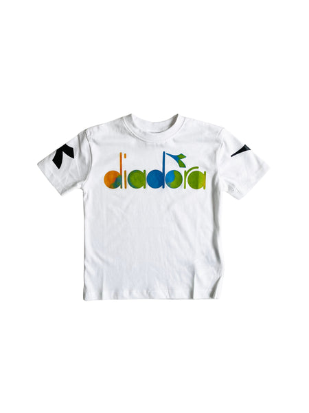 T-shirt bianca con logo multicolor per neonato e bambino