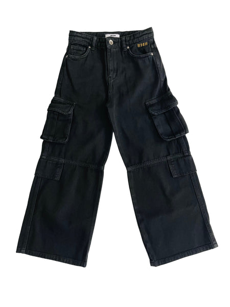 Jeans cargo in denim nero per bambina