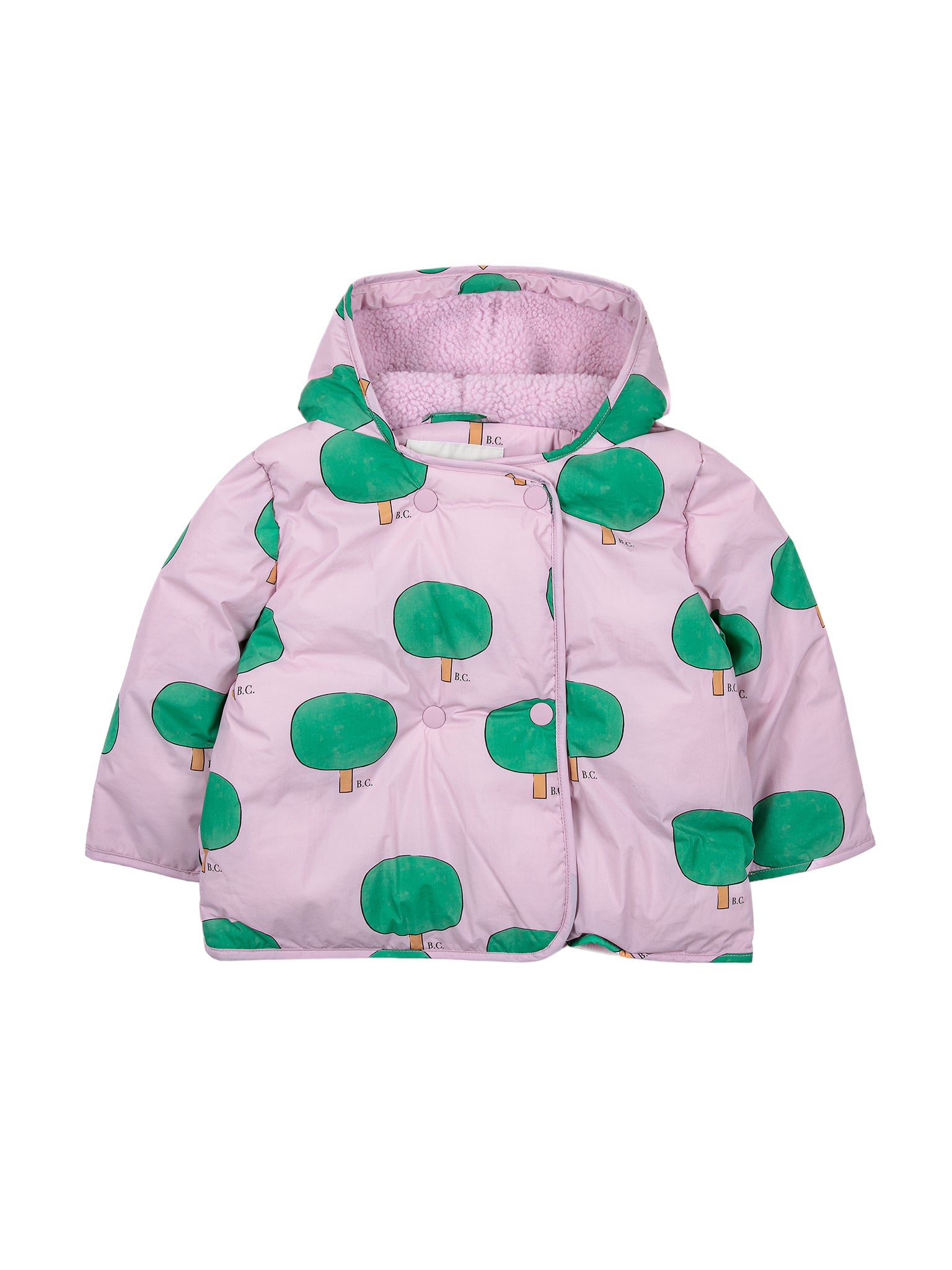 Piumino rosa con cappuccio e stampa albero all over per neonata