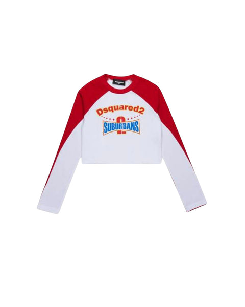 T-shirt cropped bianca e rossa con stampa per bambina