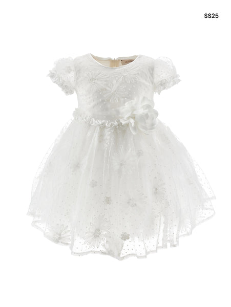 Abito panna con tulle e ricami per neonata