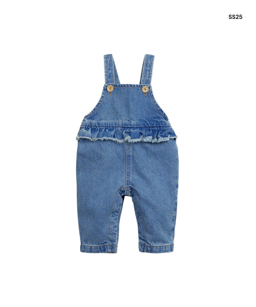 Salopette in denim blu con volant per neonata