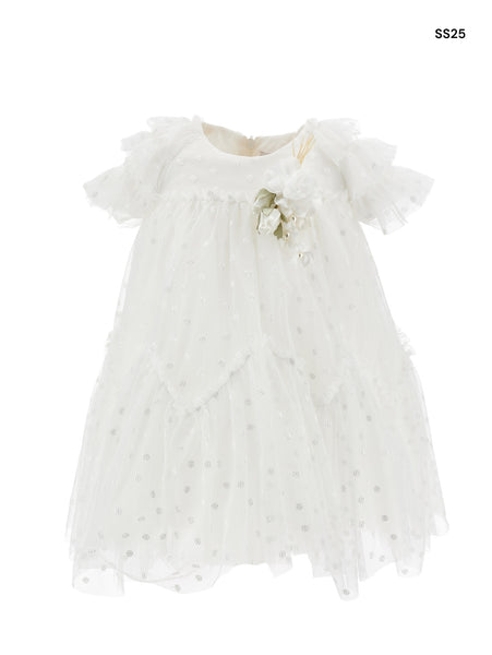 Abito panna con tulle e ricami per neonata