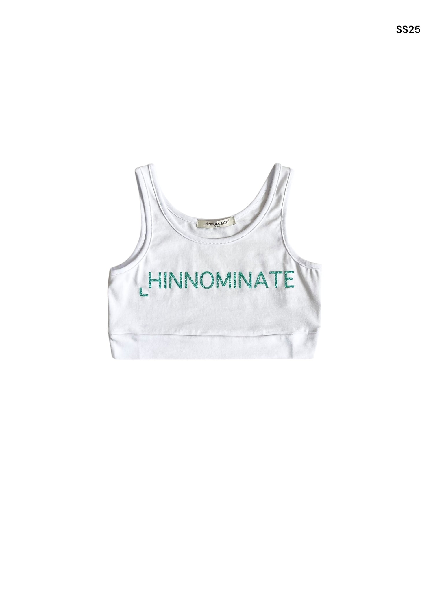 Top bianco con logo verde giada glitterato per bambina