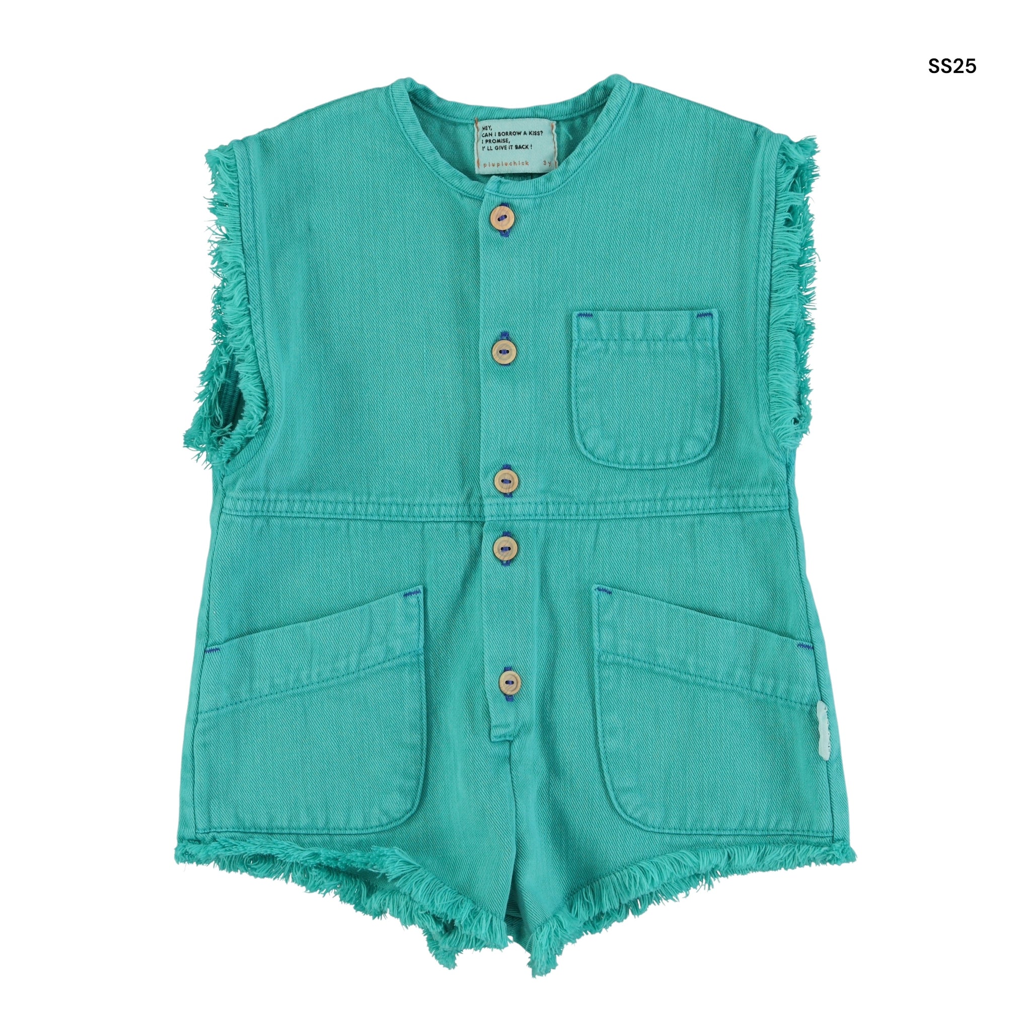 Tuta corta in denim turchese per neonata e bambina