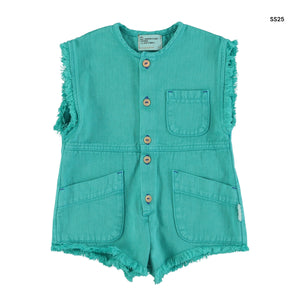 Tuta corta in denim turchese per neonata e bambina