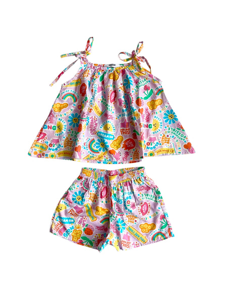 Completo multicolor con stampa all over per neonata e bambina