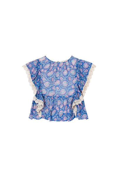 Blusa blu con stampa fiori all over per neonata e bambina