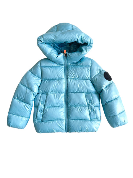 Piumino azzurro con cappuccio per neonata e bambina