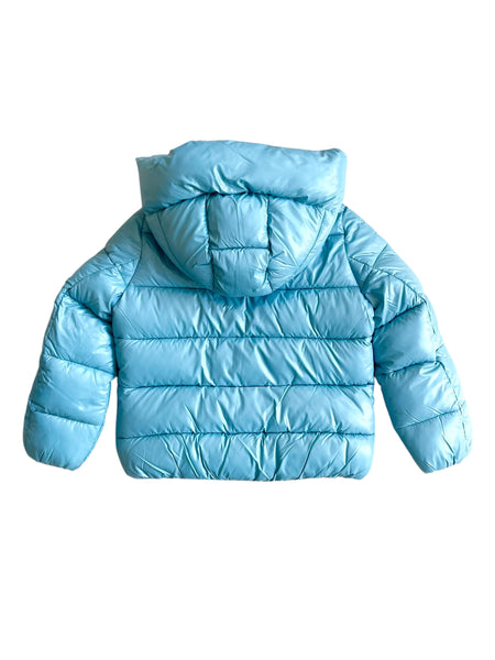 Piumino azzurro con cappuccio per neonata e bambina
