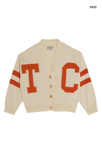 Cardigan in maglia panna con dettagli rossi per bambini