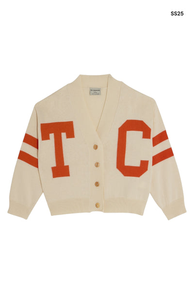 Cardigan in maglia panna con dettagli rossi per bambini