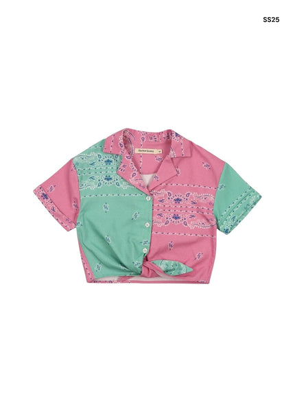 Camicia con stampa bandana rosa e verde giada per bambina