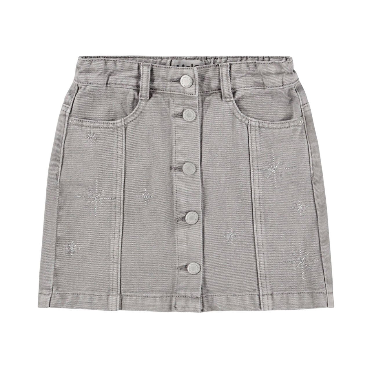 Gonna in denim grigio con ricami argentati per bambina